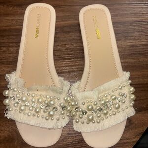 Fashion Nova Beige Pearl Embellished Sandals